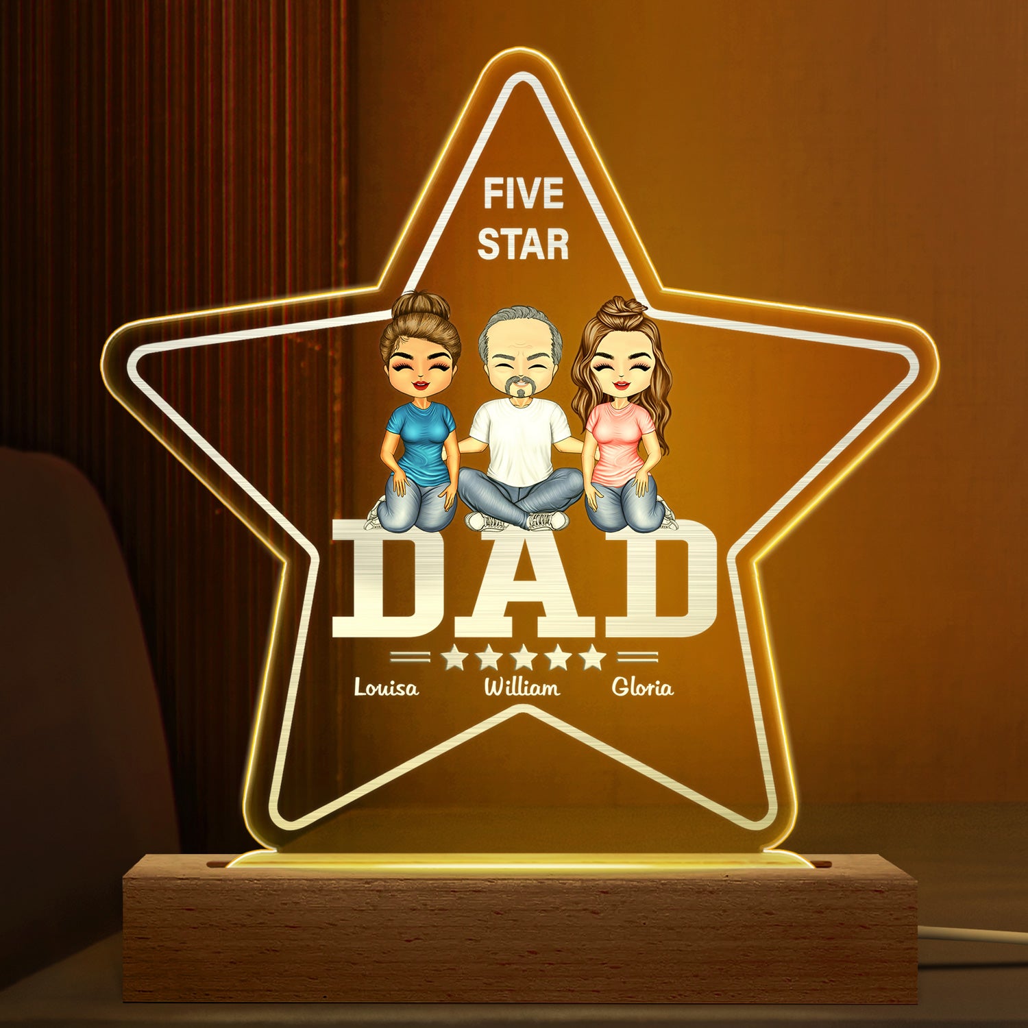 Five Star Dad - Birthday Gift For Father, Grandpa - Personalized Custom 3D Led Light Wooden Base