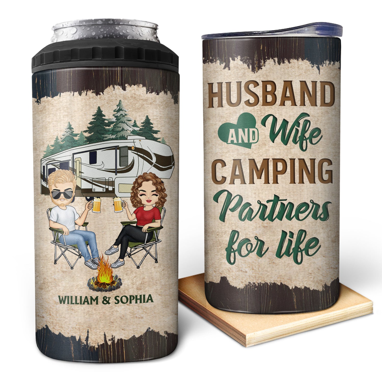 Husband And Wife Camping Partners For Life - Anniversary, Birthday Gift For Spouse, Husband, Wife, Boyfriend, Girlfriend, Campers - Personalized Custom 4 In 1 Can Cooler Tumbler