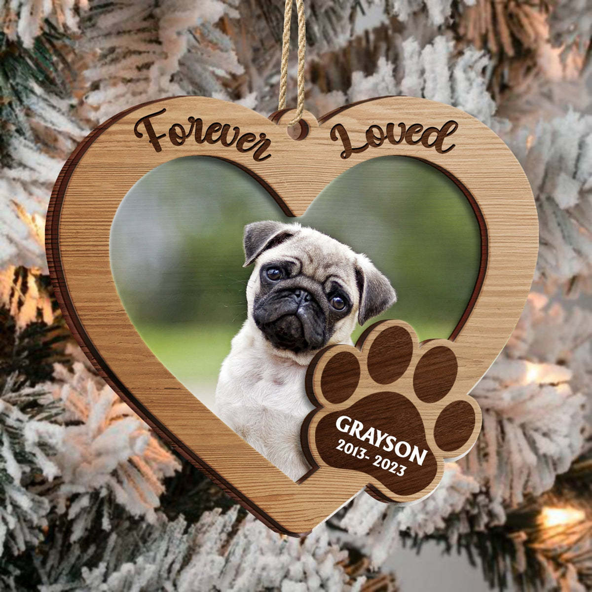 Custom Photo Forever Loved - Memorial, Christmas Gifts For Dog Lovers, Cat Lovers - Personalized 2-Layered Wooden Ornament