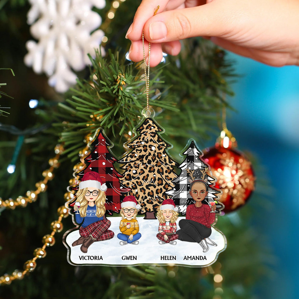 Leopard Checkered Pattern Christmas Tree Family - Xmas Gift For Parent, Grandparent, Sibling - Personalized Cutout Acrylic Ornament