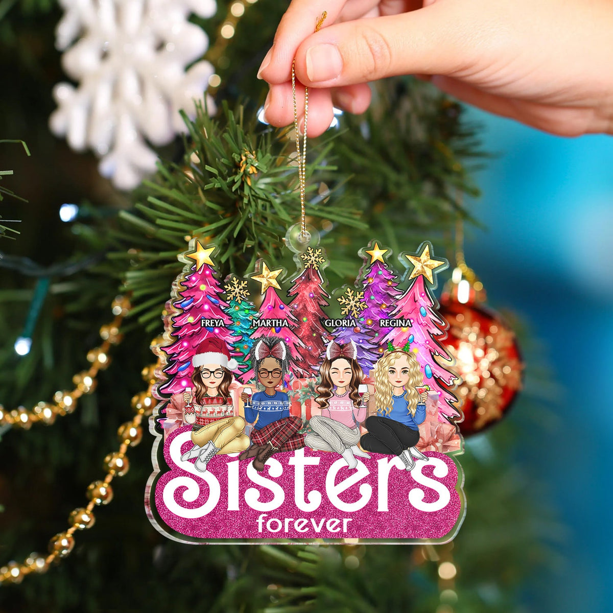 Sisters Forever Cartoon - Christmas Gifts For Sisters, Besties - Personalized Cutout Acrylic Ornament