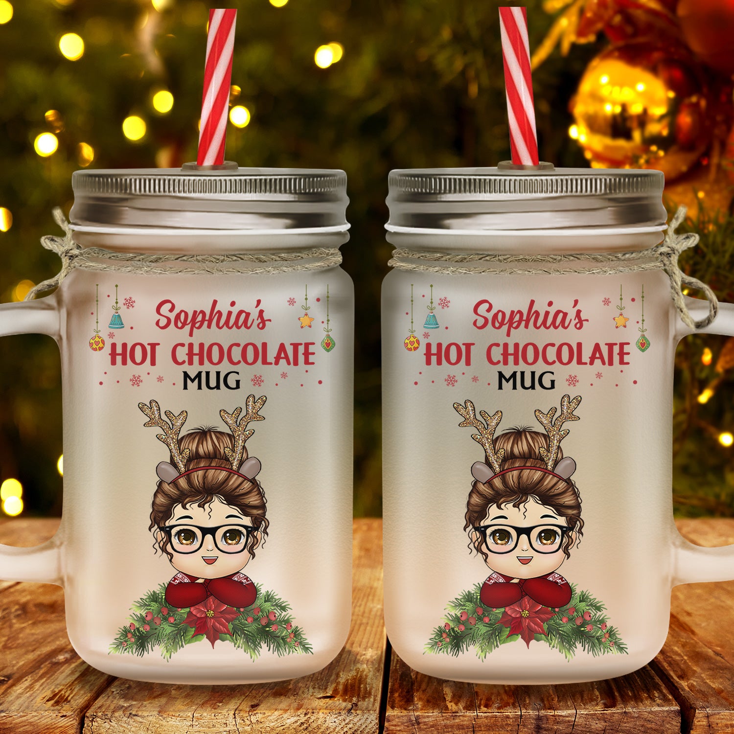 Personal Hot Chocolate Christmas Mug - Xmas Gift For Kid, Grandkid - Personalized Mason Jar Cup With Straw