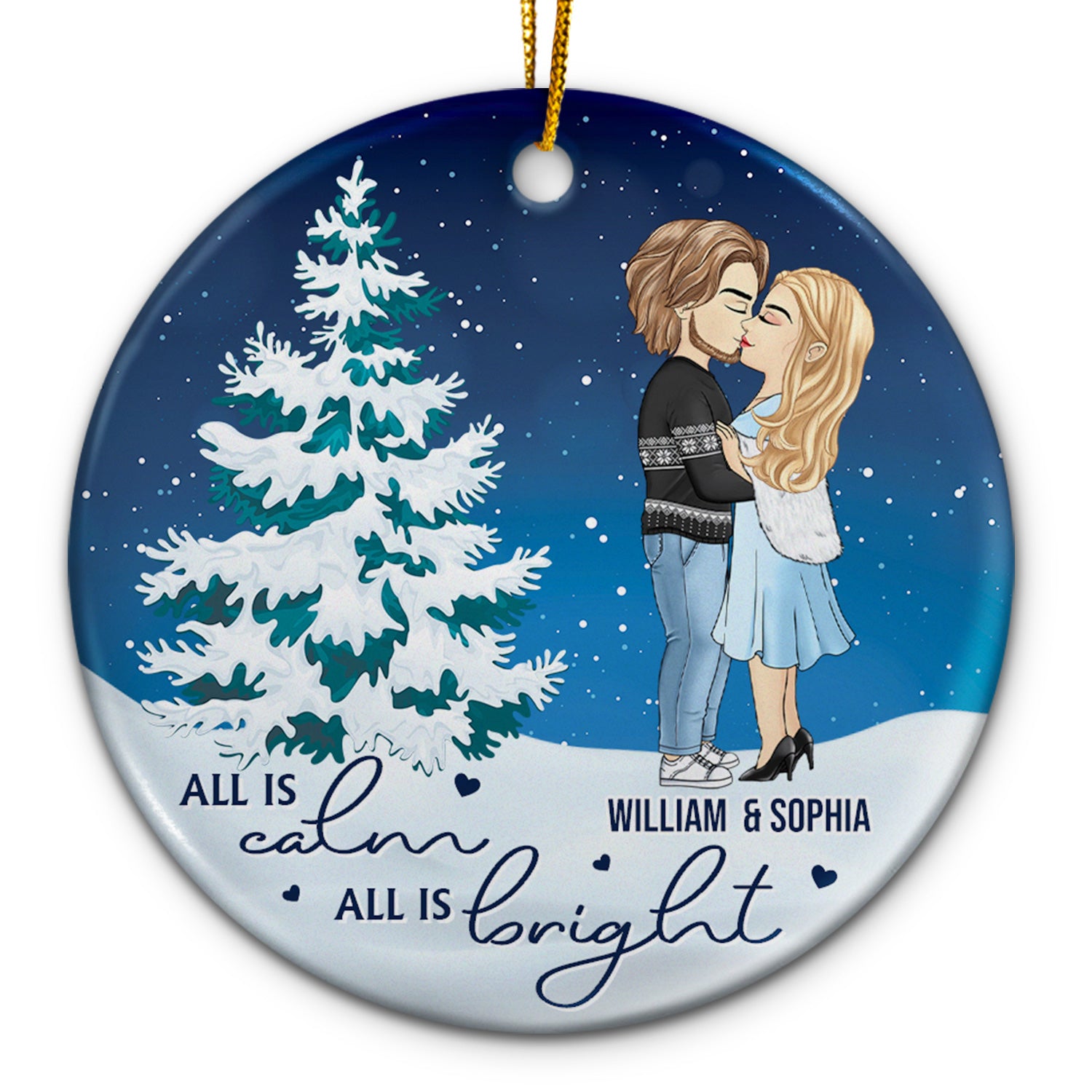 All Is Calm All Is Bright - Christmas Gift For Couple, Spouse, Husband, Wife - Personalized Circle Ceramic Ornament
