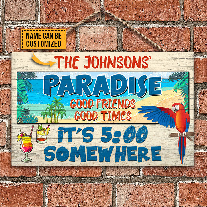 Beach Parrot Paradise It's 5 O'clock Somewhere, Beach House, Outdoor Bar Decor, Custom Wood Rectangle Sign