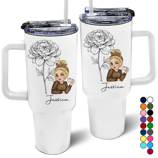 Mois de naissance : croquis de fleurs, fille, fleurissez là où vous êtes planté - gobelet personnalisé de 1 134 ml avec paille 