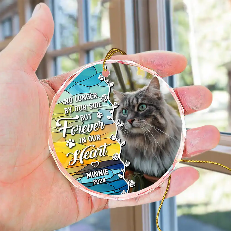 Custom Photo No Longer By Our Side Dog Cat Pet Memorial Heart - Personalized Circle Glass Ornament