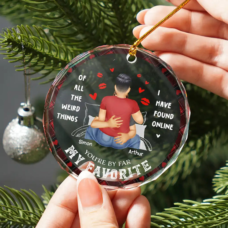 Christmas On Bed Couple You Are My Favorite By Far - Personalized Circle Glass Ornament