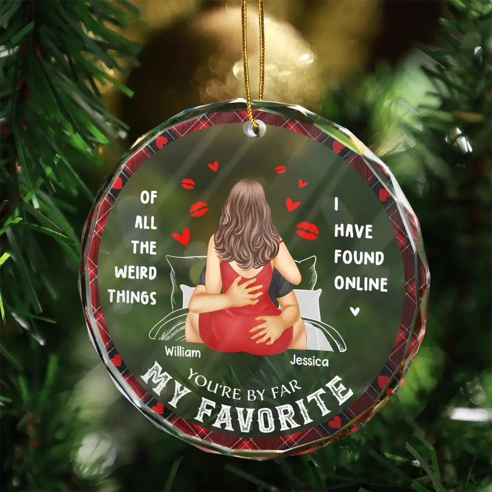 Christmas On Bed Couple You Are My Favorite By Far - Personalized Circle Glass Ornament