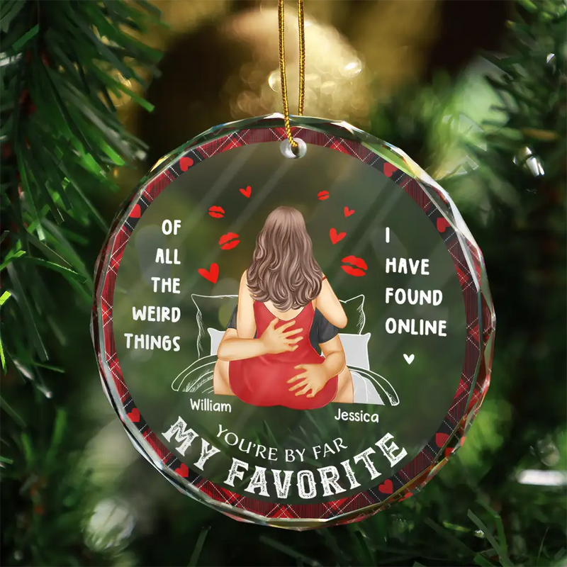 Christmas On Bed Couple You Are My Favorite By Far - Personalized Circle Glass Ornament