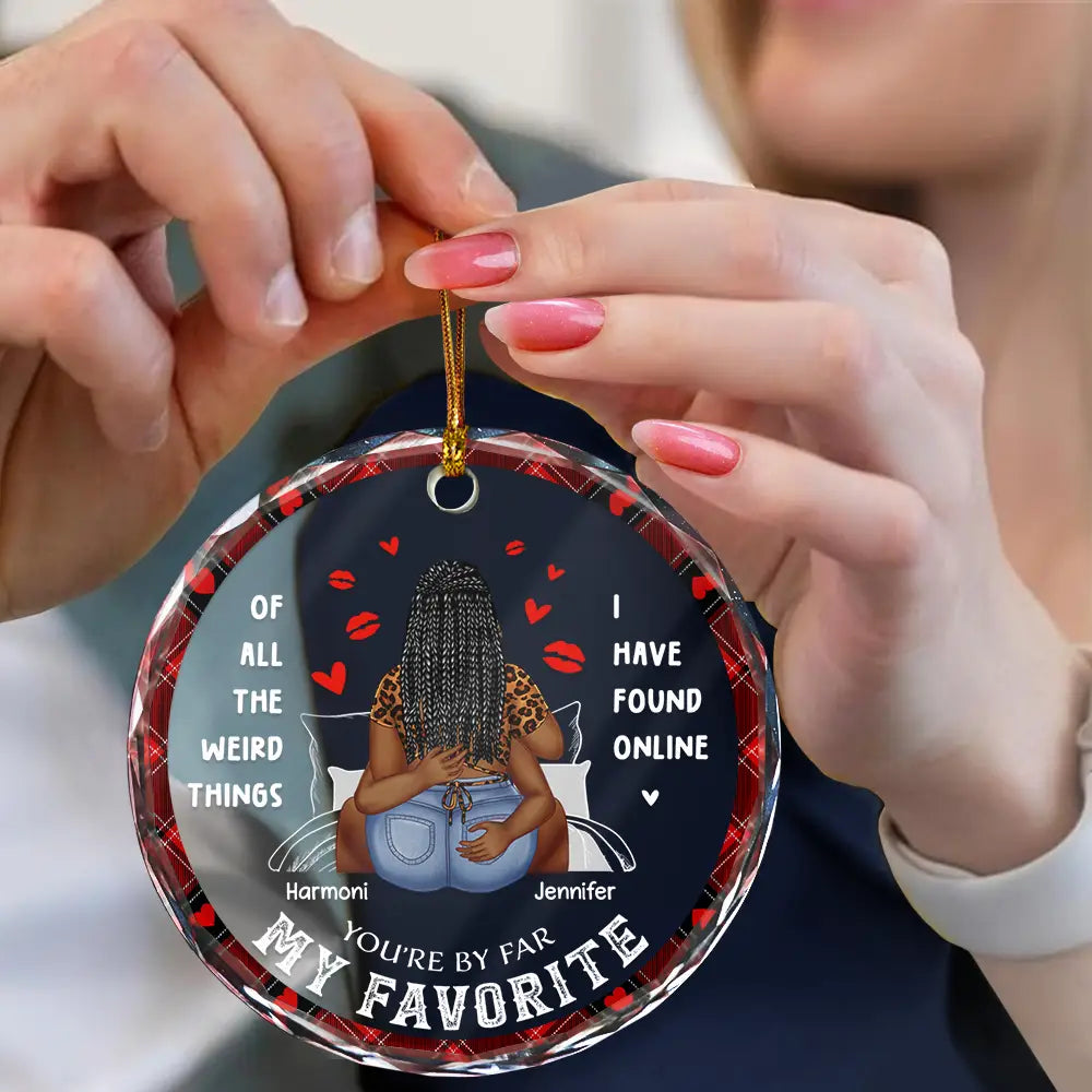 Christmas On Bed Couple You Are My Favorite By Far - Personalized Circle Glass Ornament
