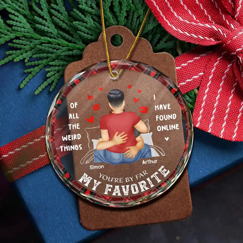 Christmas On Bed Couple You Are My Favorite By Far - Personalized Circle Glass Ornament