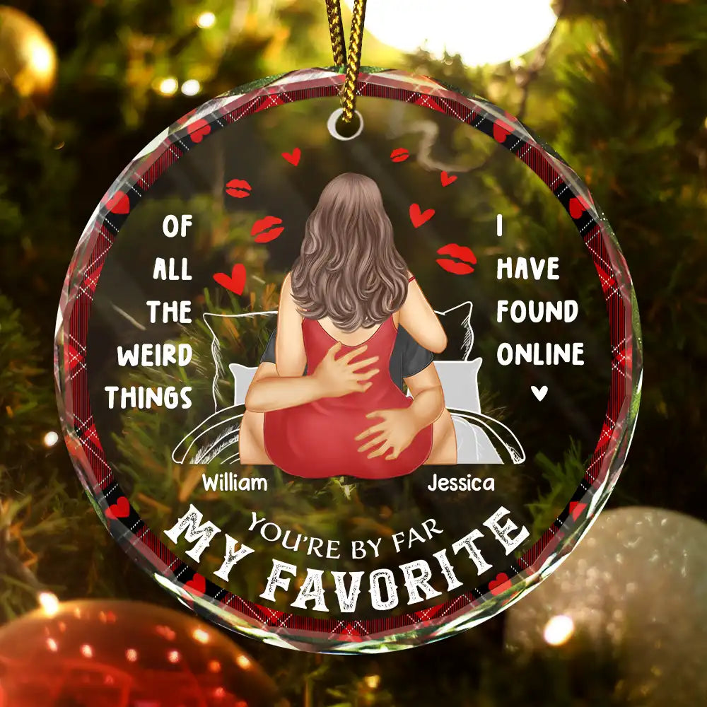 Christmas On Bed Couple You Are My Favorite By Far - Personalized Circle Glass Ornament
