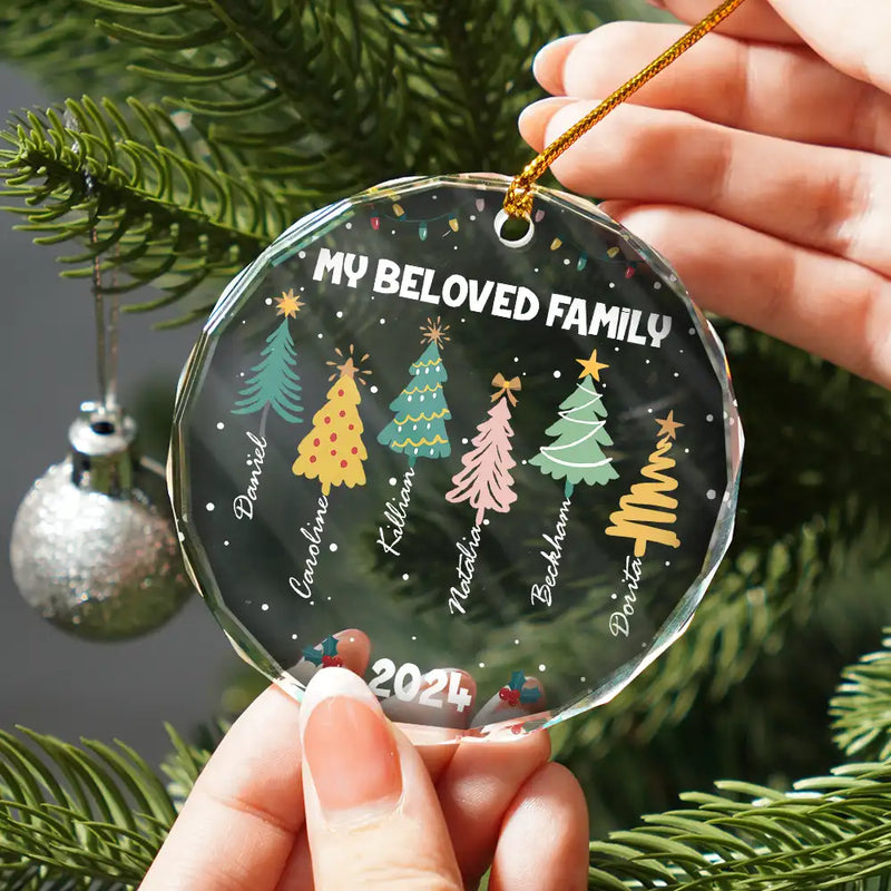 Family Colorful Christmas Trees - Personalized Circle Glass Ornament