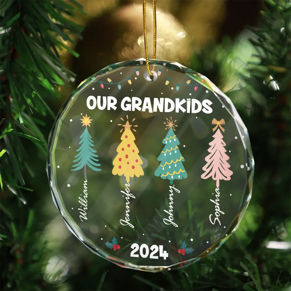Family Colorful Christmas Trees - Personalized Circle Glass Ornament