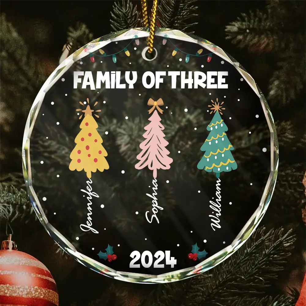 Family Colorful Christmas Trees - Personalized Circle Glass Ornament