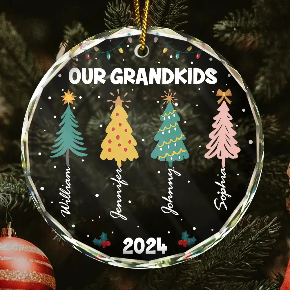Family Colorful Christmas Trees - Personalized Circle Glass Ornament