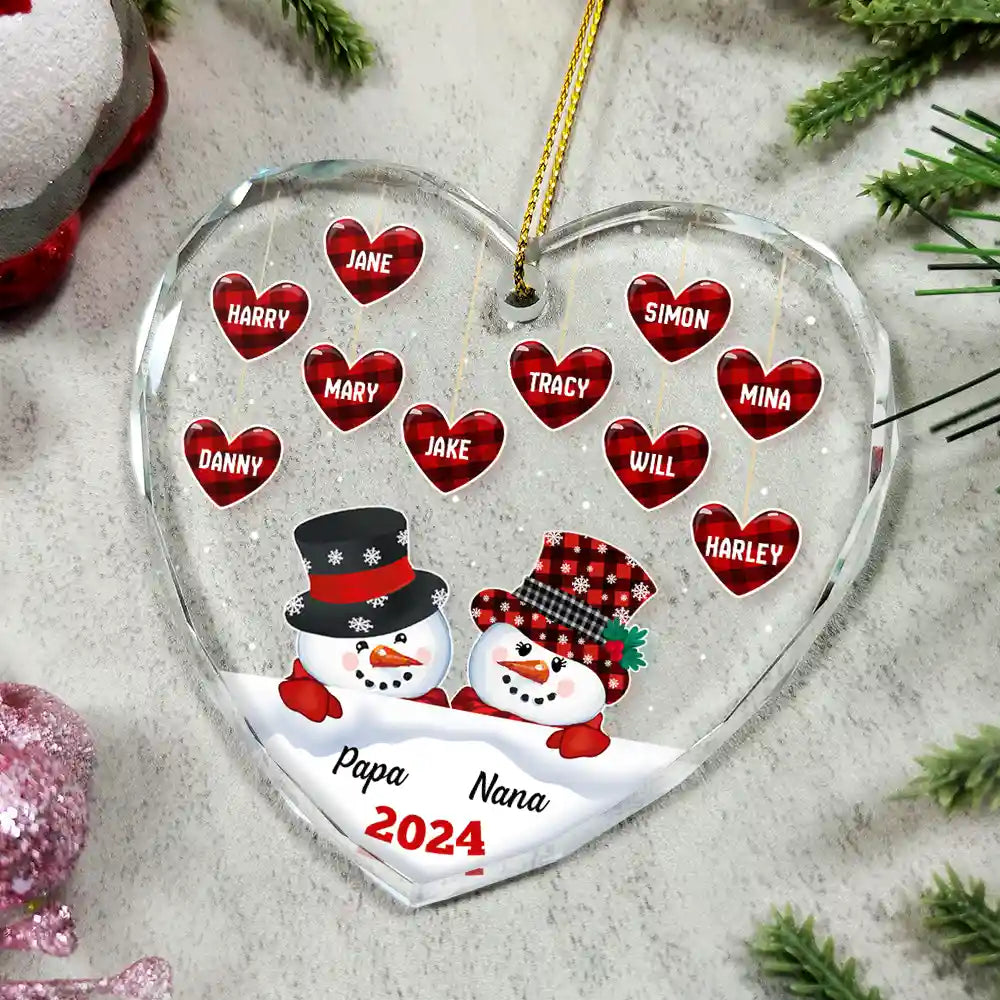 Gift For Grandparents - Papa Nana Snowman Christmas Grandparents - Personalized Heart Shaped Glass Ornament
