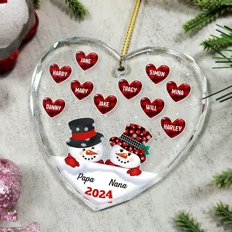 Gift For Grandparents - Papa Nana Snowman Christmas Grandparents - Personalized Heart Shaped Glass Ornament