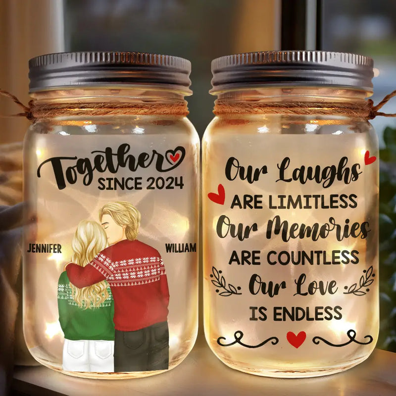 Gift For Couples - Forehead Kissing Couple Our Memories Are Countless Our Love Is Endless - Personalized Mason Jar Light
