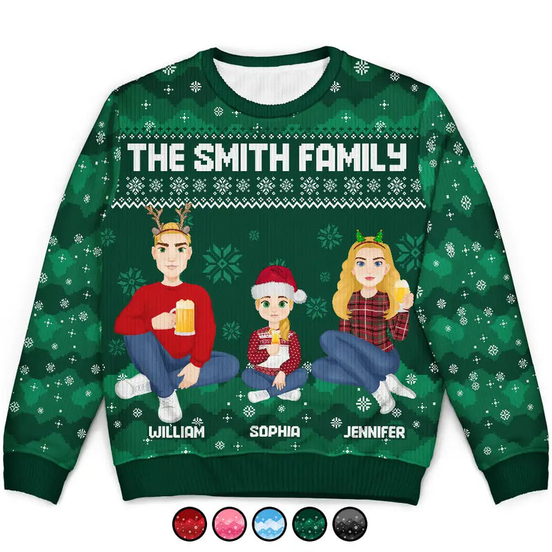 Family, Gift For Bestie - Christmas Pixel Snow Flat Art Family Friends Sitting - Personalized Unisex Ugly Sweater