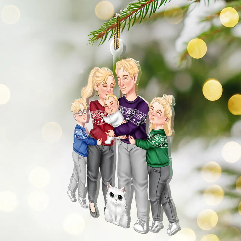 Gift For Couples, Parents, Pet Lovers - Couple And Kids Or Pets Arm In Arm Hugging - Personalized Cutout Acrylic Ornament