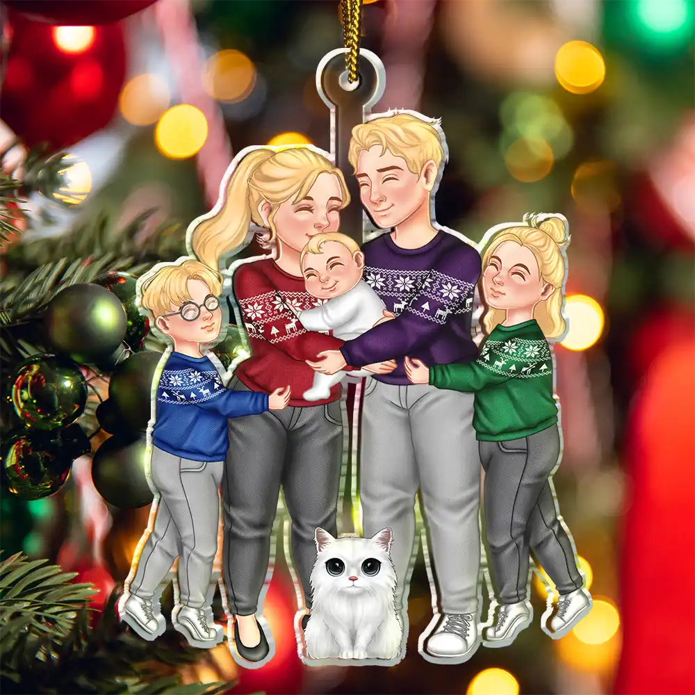 Gift For Couples, Parents, Pet Lovers - Couple And Kids Or Pets Arm In Arm Hugging - Personalized Cutout Acrylic Ornament