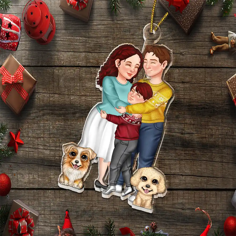 Gift For Couples, Parents, Pet Lovers - Couple And Kids Or Pets Arm In Arm Hugging - Personalized Cutout Acrylic Ornament
