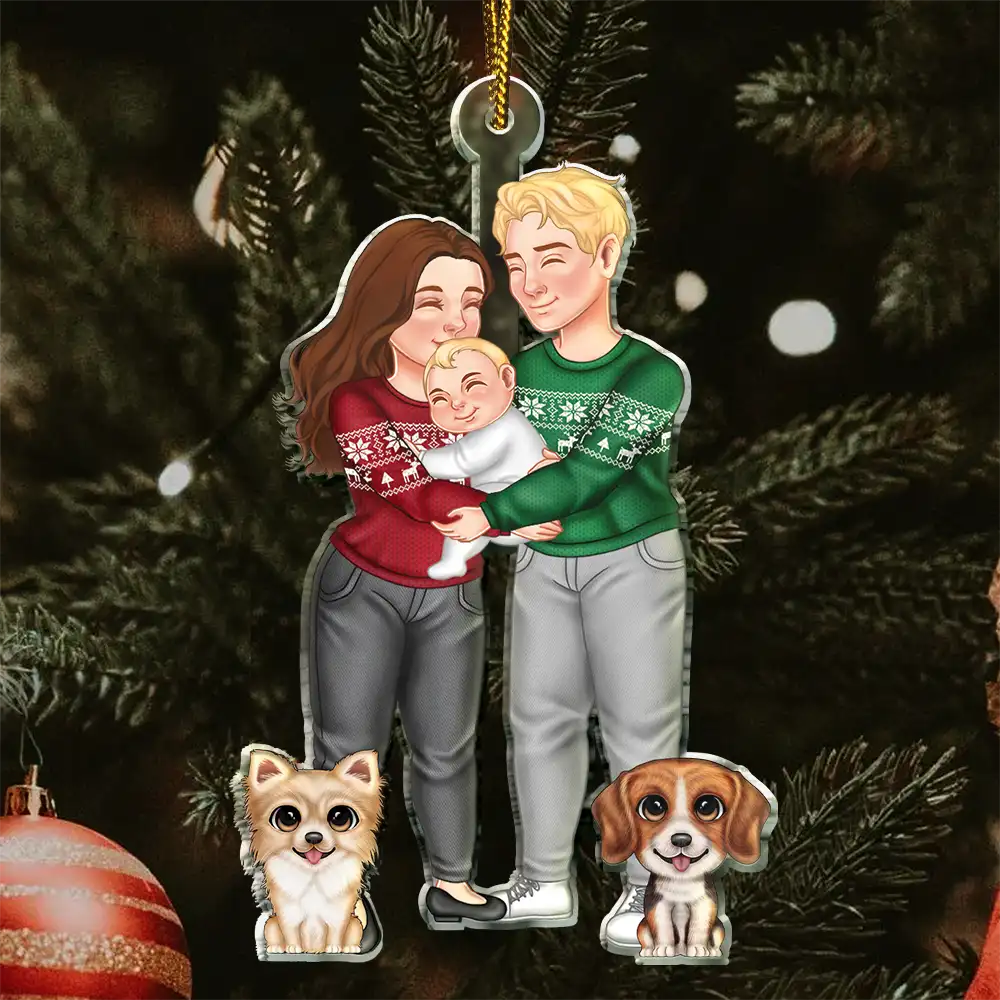Couple And Kids Or Pets Arm In Arm Hugging - Personalized Cutout Acrylic Ornament