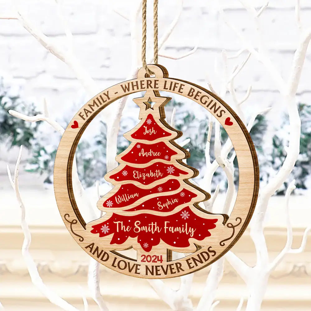 Family - Christmas Tree Family Where Life Begins And Love Never Ends - Personalized Custom Shaped Wooden Ornament
