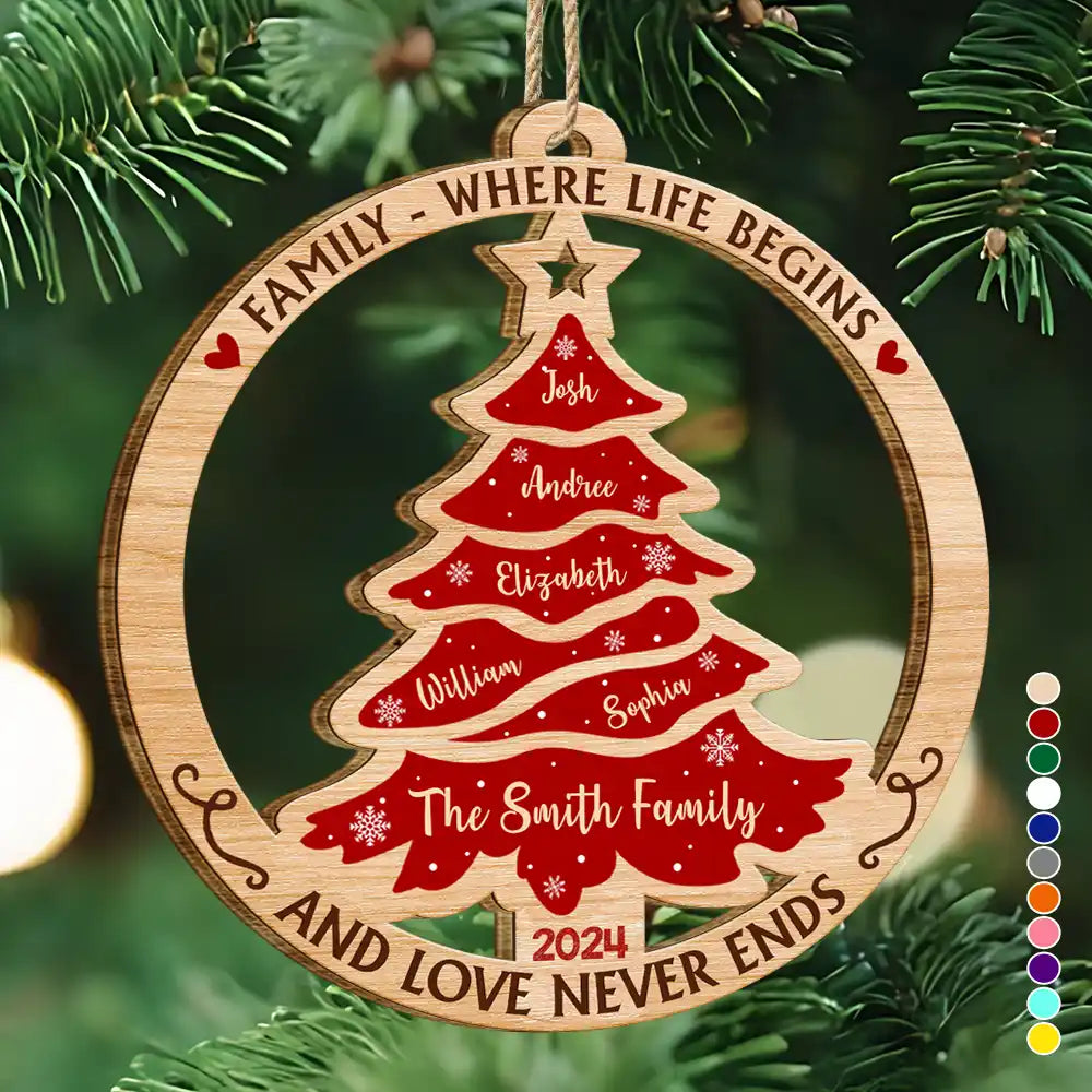 Christmas Tree Family Where Life Begins And Love Never Ends - Personalized Custom Shaped Wooden Ornament