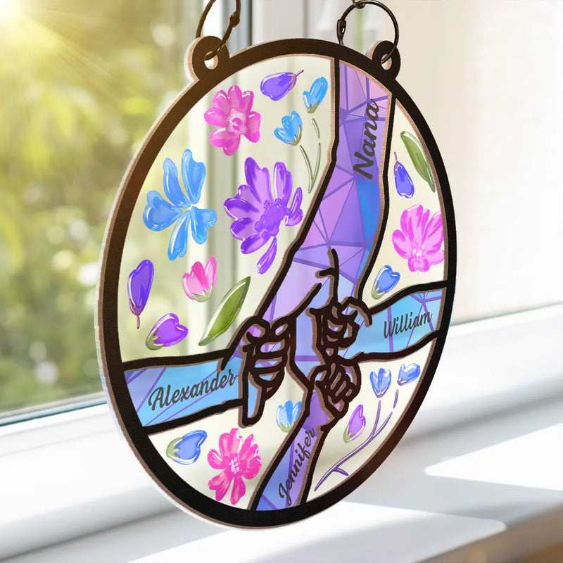 Gift For Grandparents - Hand In Hand Grandma Grandpa Grandkids - Personalized Window Hanging Suncatcher Ornament