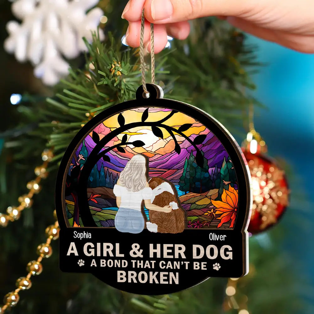 Dog Lovers,Cat Lovers,Pet Lovers,Dog Mom - Flower Field A Girl And Her Dog And Cat - Personalized 2-Layered Mix Ornament