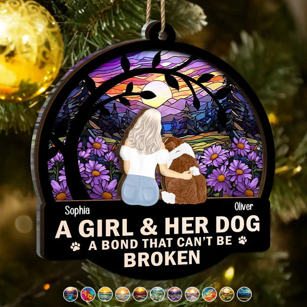 Dog Lovers,Cat Lovers,Pet Lovers,Dog Mom - Flower Field A Girl And Her Dog And Cat - Personalized 2-Layered Mix Ornament
