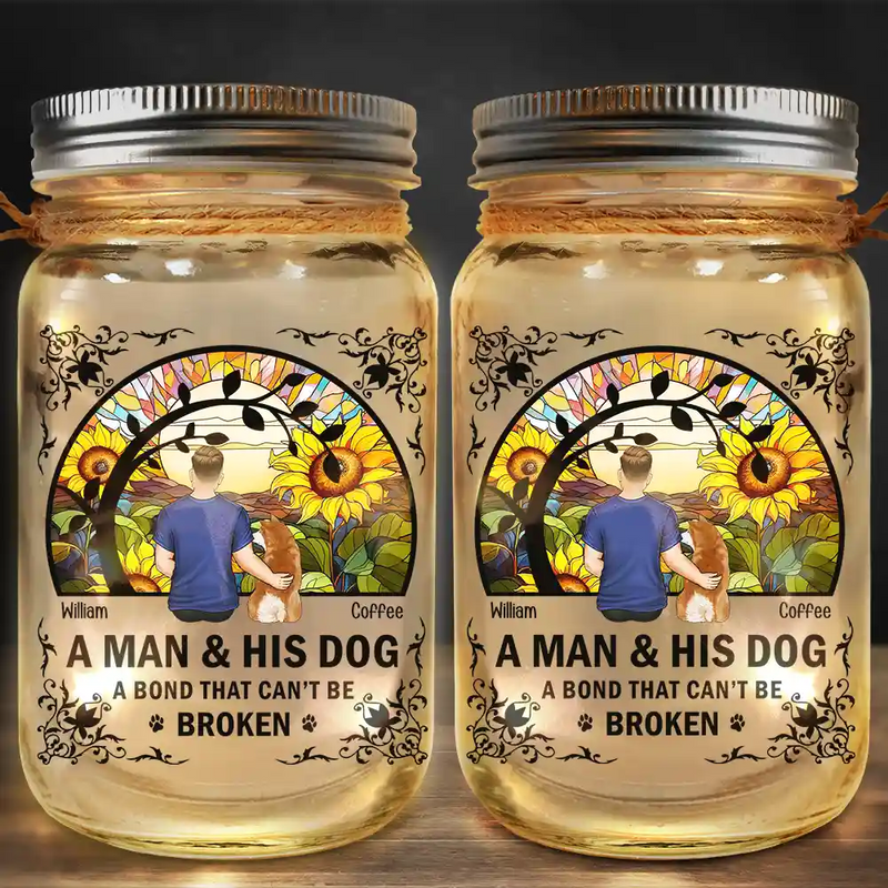 Dog Lovers, Cat Lovers, Pet Lovers, Dog Mom - Flower Field A Girl And Her Dog And Cat - Personalized Mason Jar Light