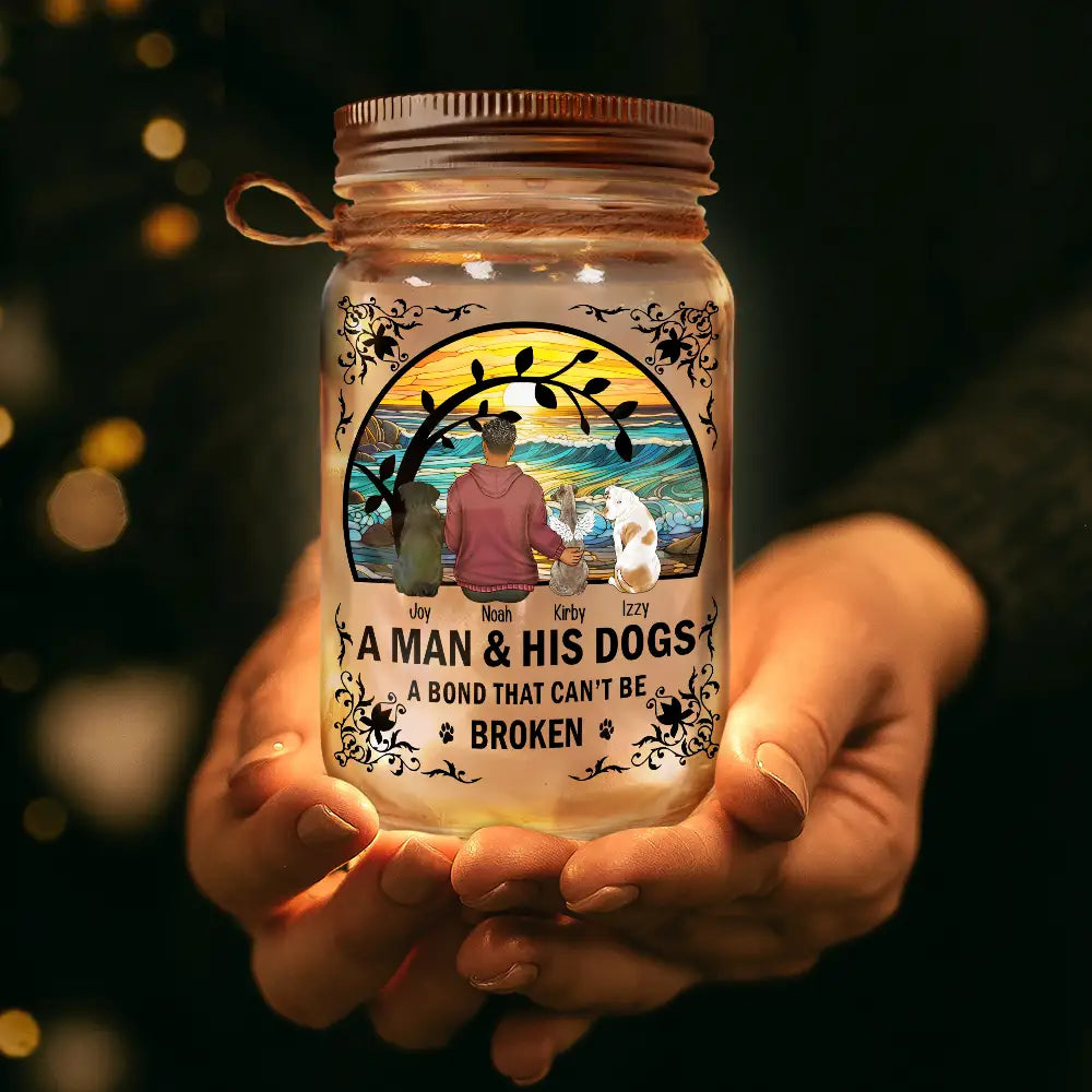 Dog Lovers, Cat Lovers, Pet Lovers, Dog Mom - Flower Field A Girl And Her Dog And Cat - Personalized Mason Jar Light