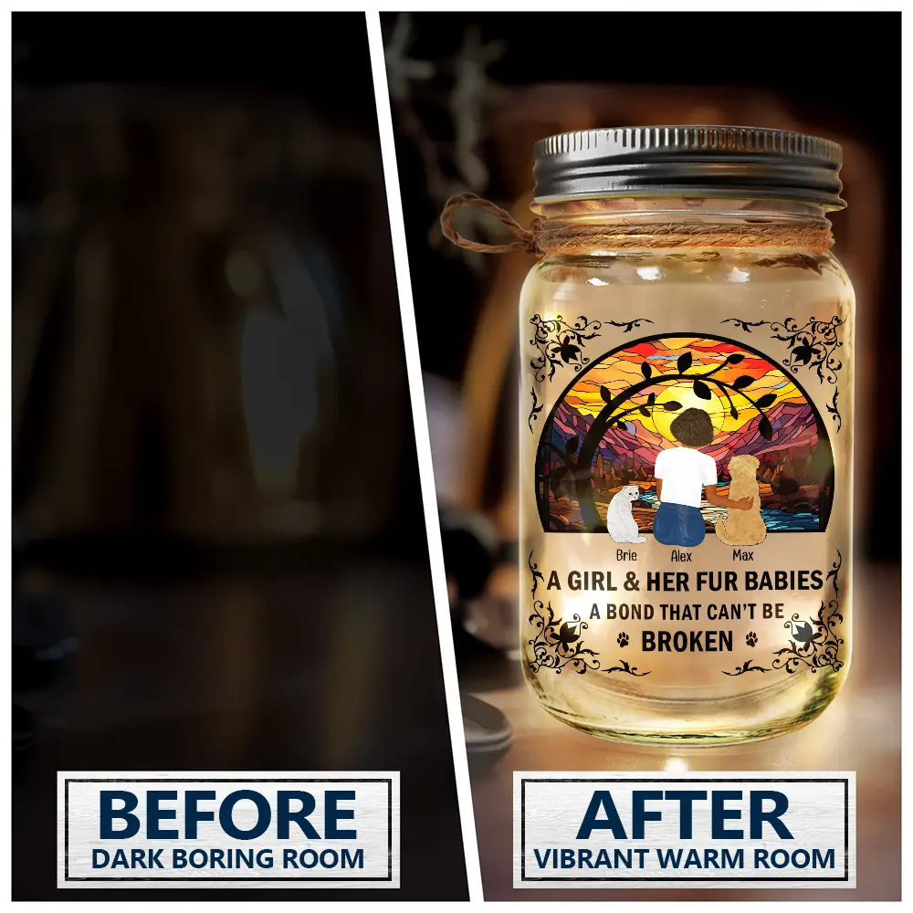 Dog Lovers, Cat Lovers, Pet Lovers, Dog Mom - Flower Field A Girl And Her Dog And Cat - Personalized Mason Jar Light