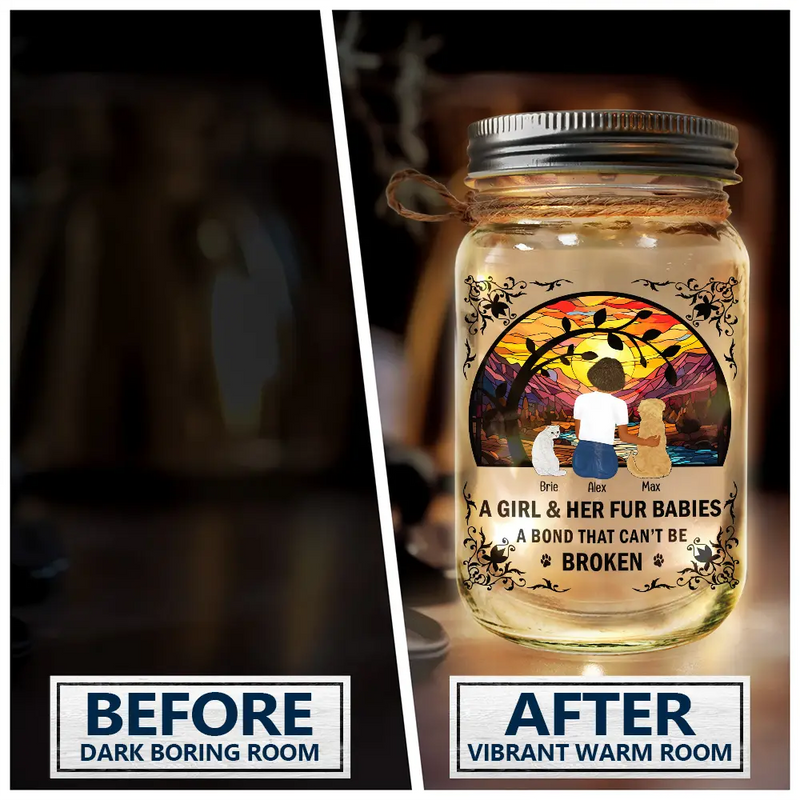 Dog Lovers, Cat Lovers, Pet Lovers, Dog Mom - Flower Field A Girl And Her Dog And Cat - Personalized Mason Jar Light