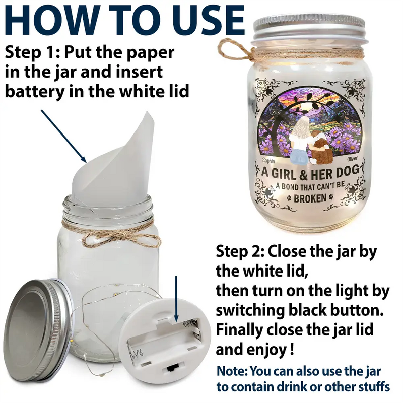 Dog Lovers, Cat Lovers, Pet Lovers, Dog Mom - Flower Field A Girl And Her Dog And Cat - Personalized Mason Jar Light