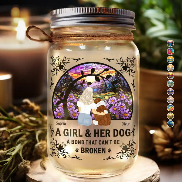 Dog Lovers, Cat Lovers, Pet Lovers, Dog Mom - Flower Field A Girl And Her Dog And Cat - Personalized Mason Jar Light