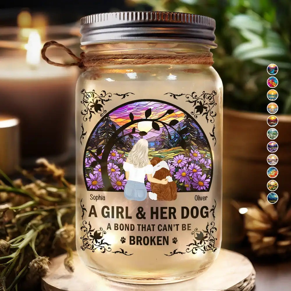 Dog Lovers, Cat Lovers, Pet Lovers, Dog Mom - Flower Field A Girl And Her Dog And Cat - Personalized Mason Jar Light