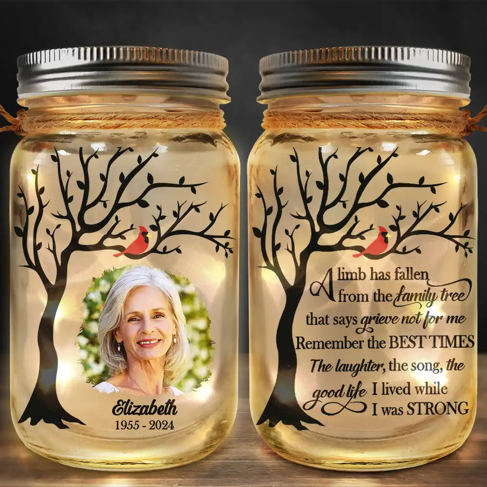 Memorial - Custom Photo Memorial A Limb Has Fallen From The Family Tree - Personalized Mason Jar Light