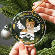 Memorial, Pet Lovers - Custom Photo Our First Christmas Without You Pet Memorial - Personalized Glass Ornament