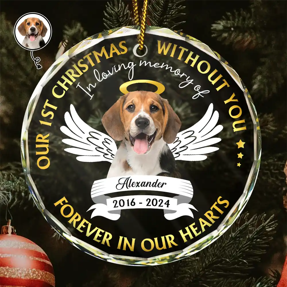Memorial, Pet Lovers - Custom Photo Our First Christmas Without You Pet Memorial - Personalized Glass Ornament