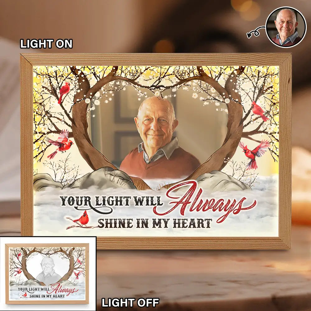 Memorial - Custom Photo Memorial Your Light Will Always Shine In My Heart - Personalized Light Up Picture Frame