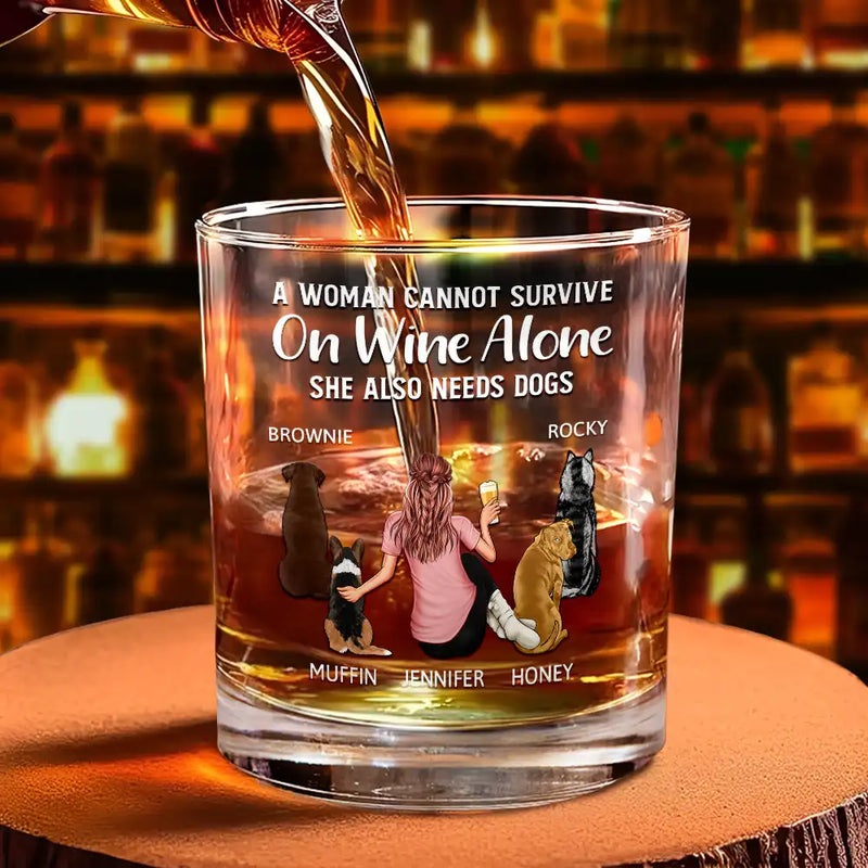 Pet Lovers, Dog Lovers, Dog Dad, Dog Mom - A Man Cannot Survive On Wine Alone Dog Dad Dog Mom - Personalized Whiskey Glass