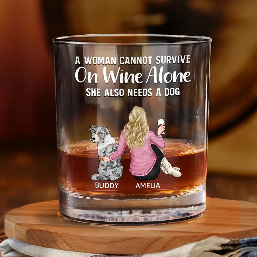 Pet Lovers, Dog Lovers, Dog Dad, Dog Mom - A Man Cannot Survive On Wine Alone Dog Dad Dog Mom - Personalized Whiskey Glass