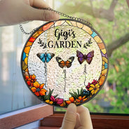 Gift For Grandma, Gift For Mother - Grandma's Garden Butterflies - Personalized Stained Glass Window Hanging Suncatcher