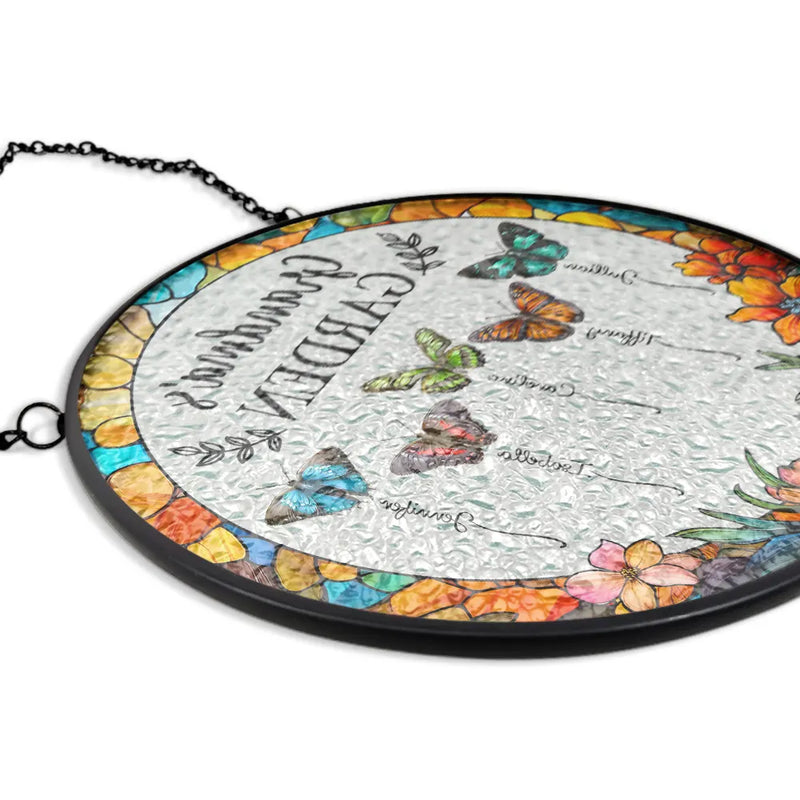 Gift For Grandma, Gift For Mother - Grandma's Garden Butterflies - Personalized Stained Glass Window Hanging Suncatcher