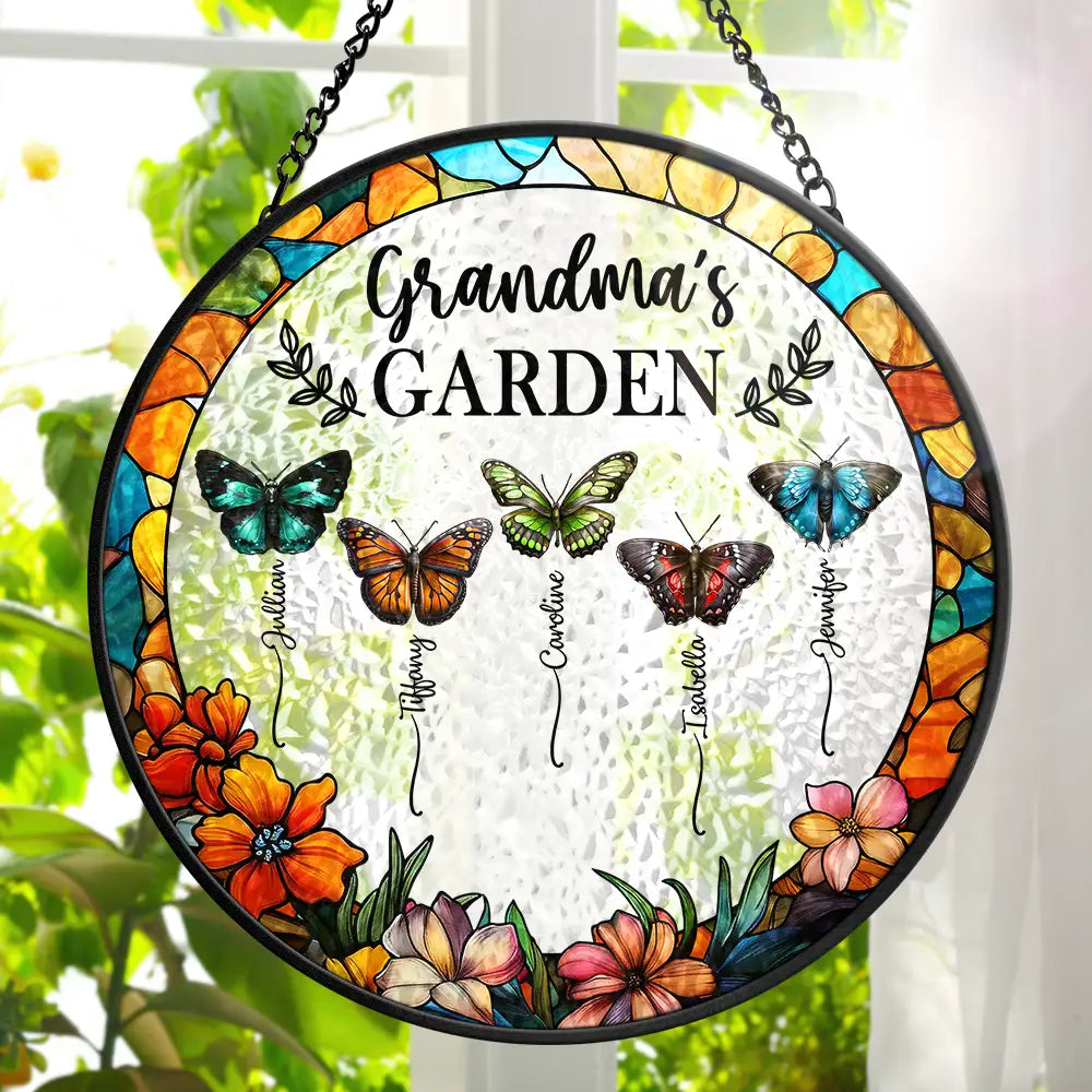 Gift For Grandma, Gift For Mother - Grandma's Garden Butterflies - Personalized Stained Glass Window Hanging Suncatcher