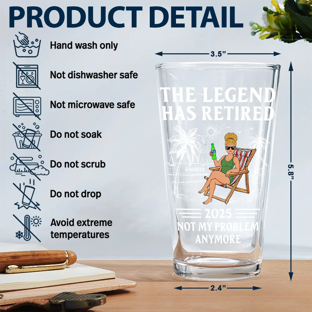 Funny,Retirement,Gift For Grandparents,Parents,Gift For Yourself,Gift For Men,Gift For Women,Gifts For Colleagues - The Legend Has Retired Not My Problem Anymore - Personalized Beer Glass